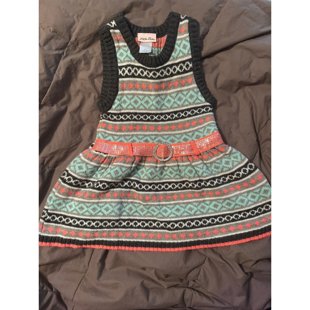 Little Lass Girls Fair Isle Sweater Dress Grey Teal Coral Sequin Belt Size 6